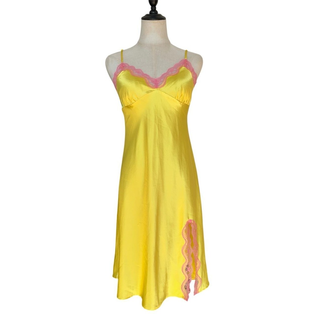La Senza yellow satin and pink lace slip under dress small
